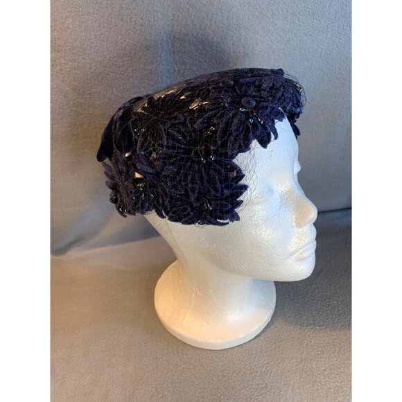Ladies Navy Flowers with Velvet Bow Hat Vintage - Picture 6 of 9